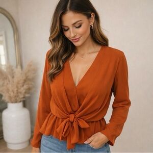 Rust Orange Tie-Front Blouse | Chic Wrap Style | Size Small